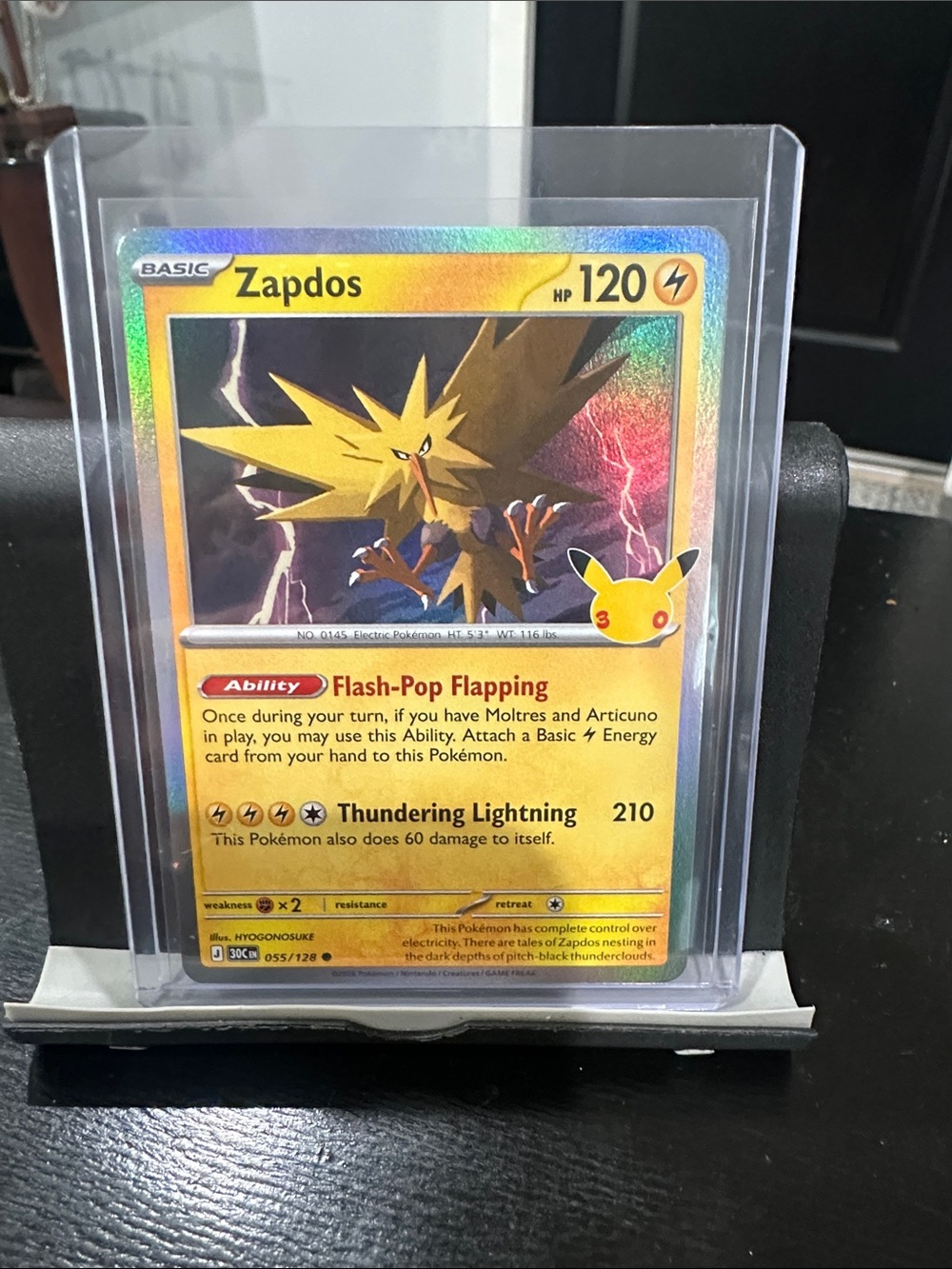 Pokemon Zapdos Holographic Card - Yellow and Gold Lightning Artwork